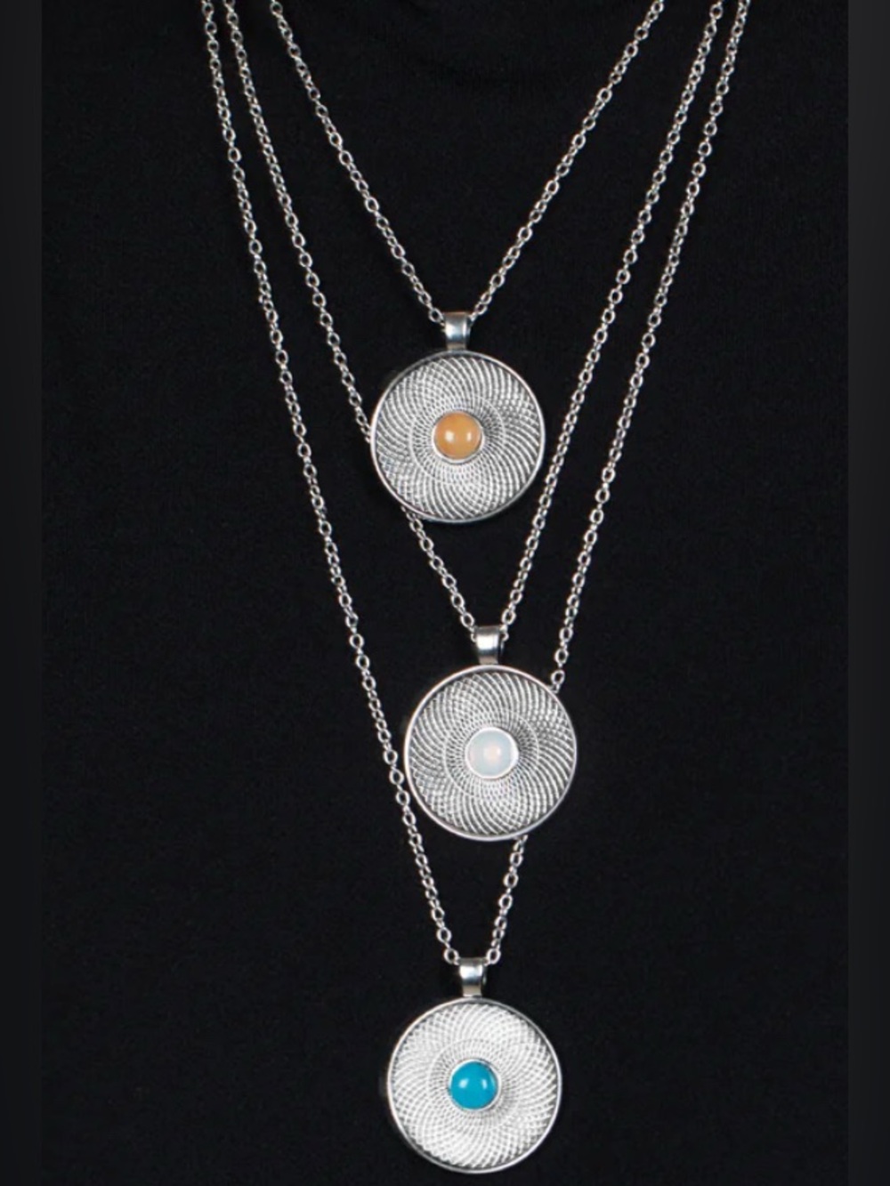 Triple Pendant Layered Silver Necklace with Colored Cabochons